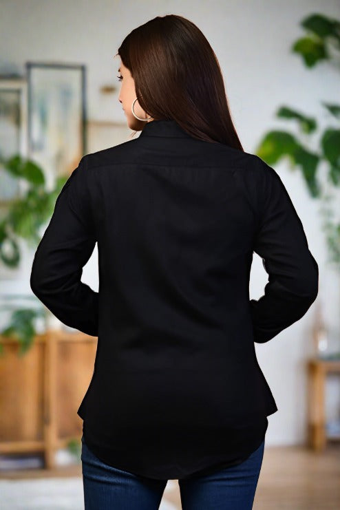 Ladies Long Sleeve Solid Black Formal Shirt - Nakh Clothing