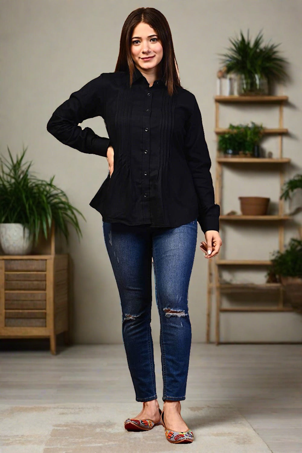 Ladies Long Sleeve Solid Black Formal Shirt - Nakh Clothing