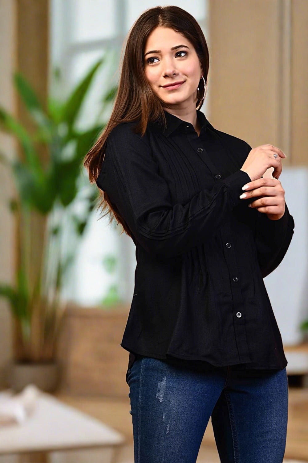 Ladies Long Sleeve Solid Black Formal Shirt - Nakh Clothing