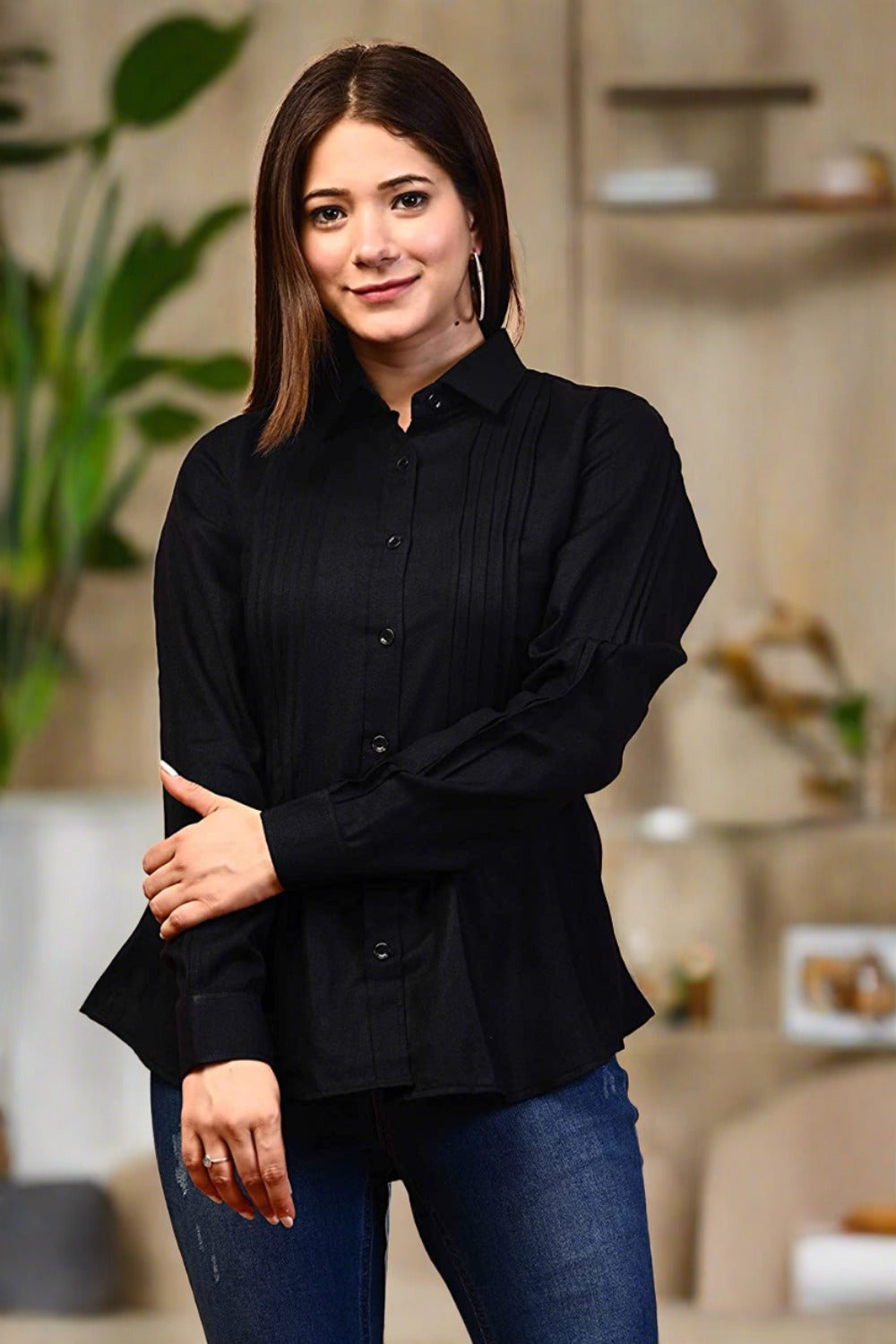 Ladies Long Sleeve Solid Black Formal Shirt - Nakh Clothing