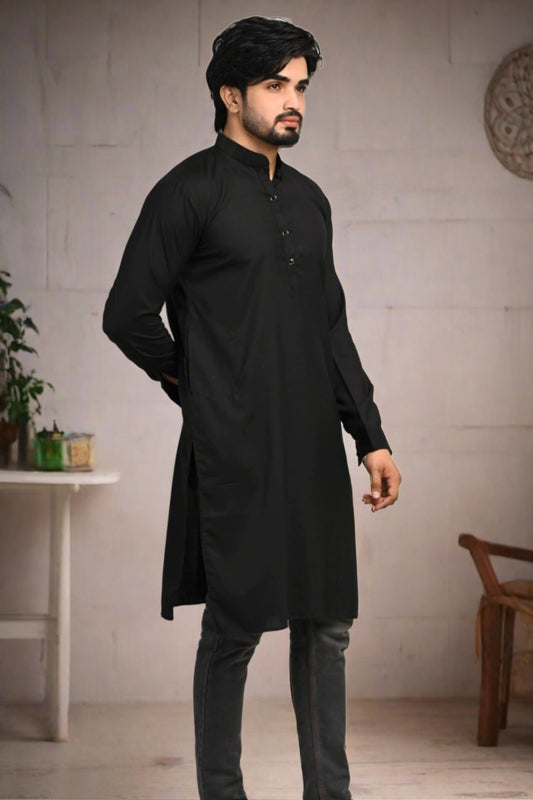 Men Solid Straight Black Kurta - Nakh Clothing