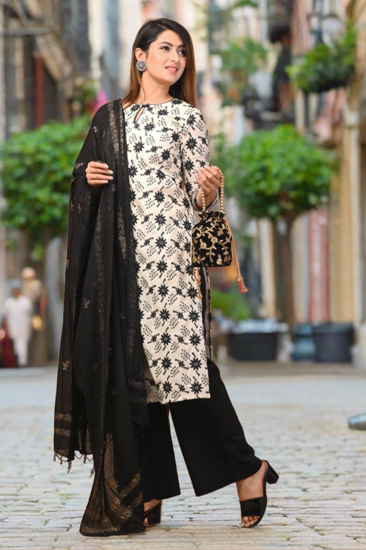 Women Cotton Printed Straight Stitched Suit And Palazzo Set (White & Black) - Nakh Clothing