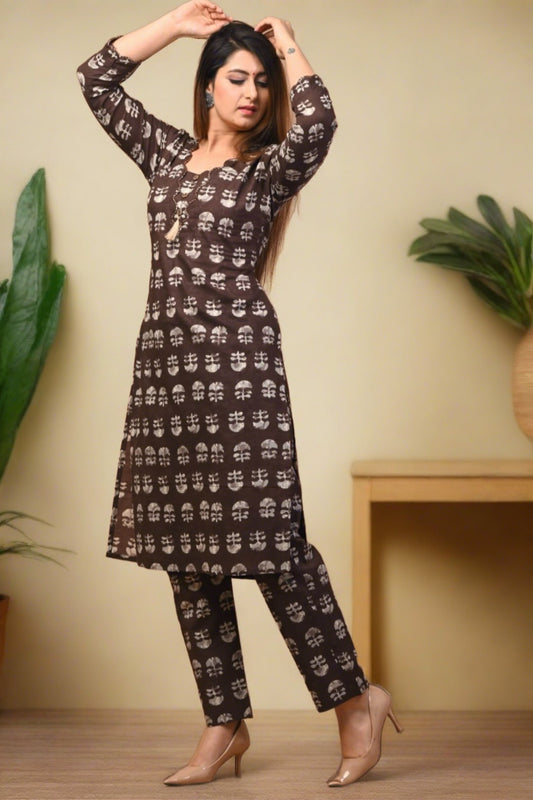 Brown Cotton Floral Print Kurta Set - Nakh Clothing