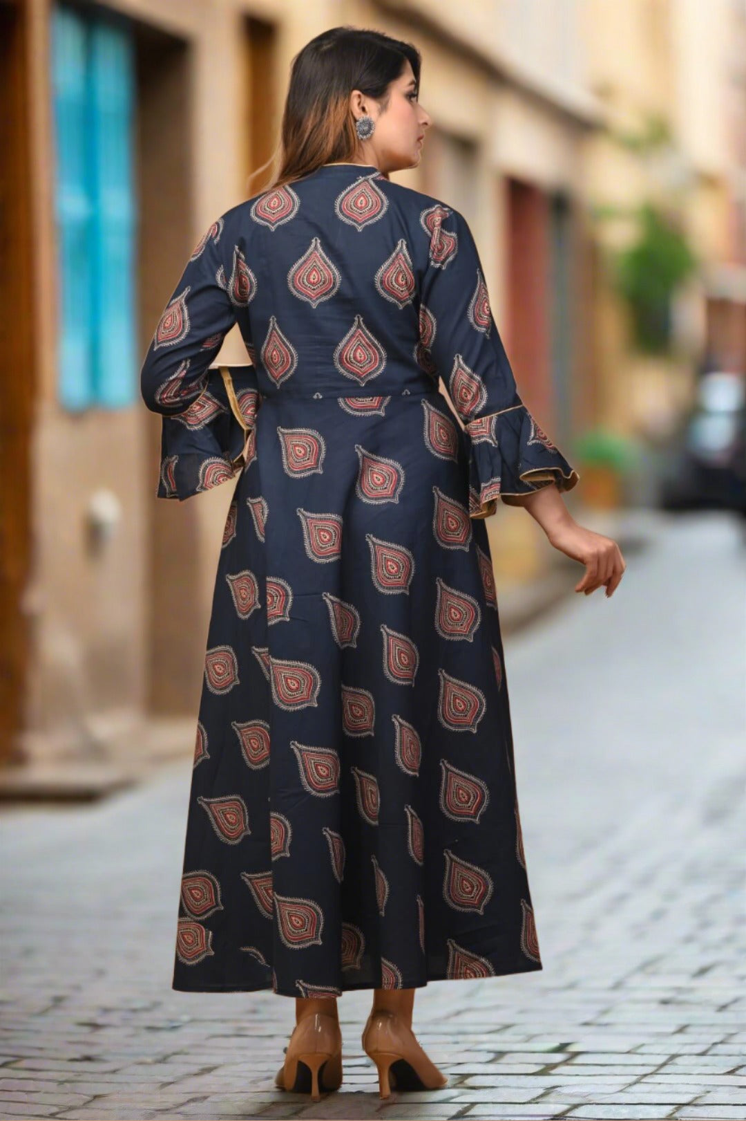 Women Blue Ethnic Motifs Block Print Casual Maxi Dress - Nakh Clothing