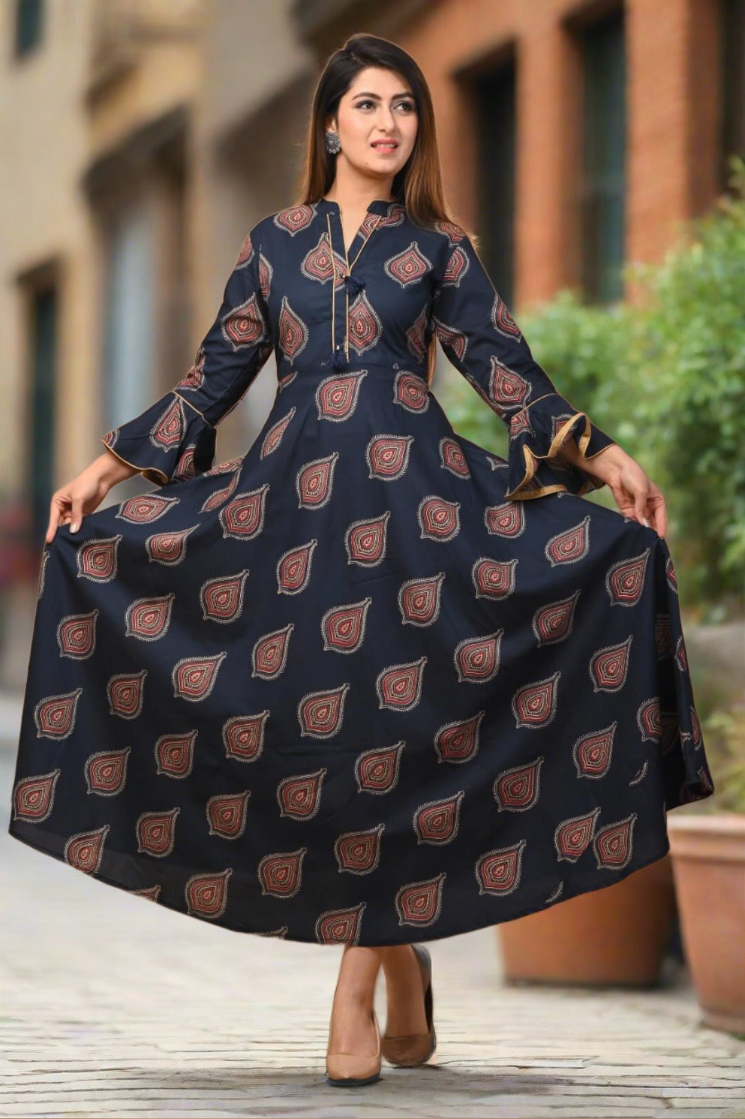 Women Blue Ethnic Motifs Block Print Casual Maxi Dress - Nakh Clothing