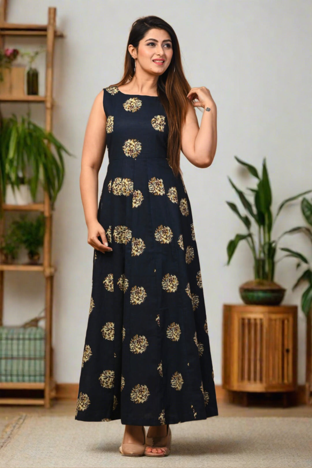 Blue Block Printed Cotton Dress - Nakh Clothing