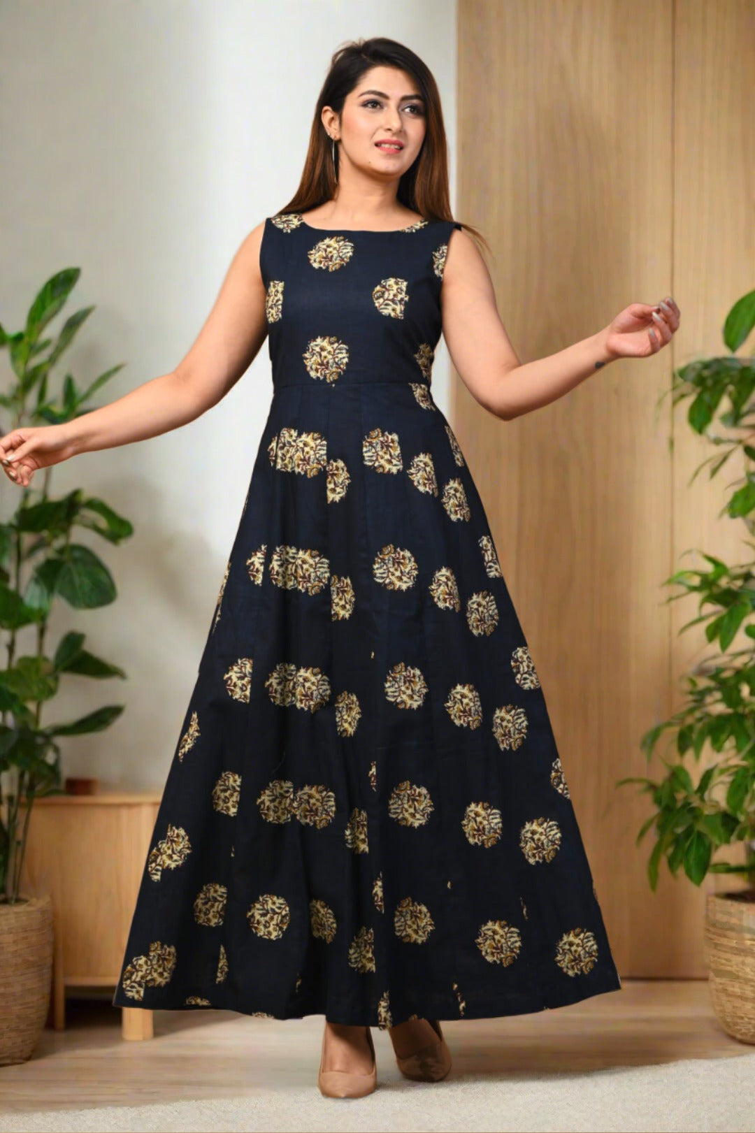 Blue Block Printed Cotton Dress - Nakh Clothing