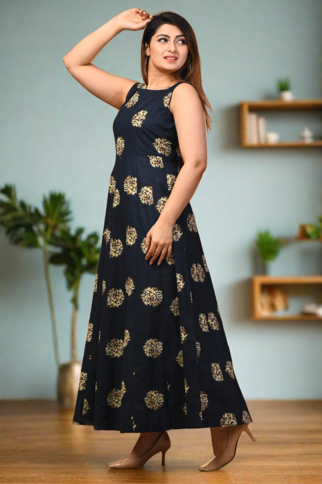 Blue Block Printed Cotton Dress - Nakh Clothing