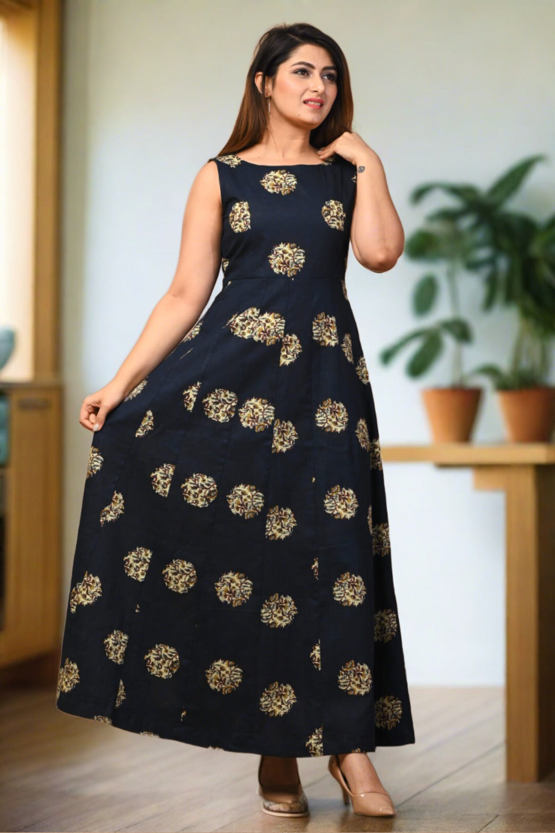 Blue Block Printed Cotton Dress - Nakh Clothing