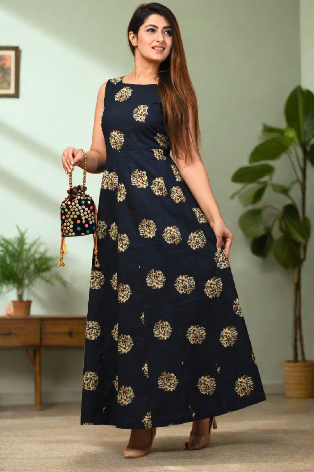 Blue Block Printed Cotton Dress - Nakh Clothing