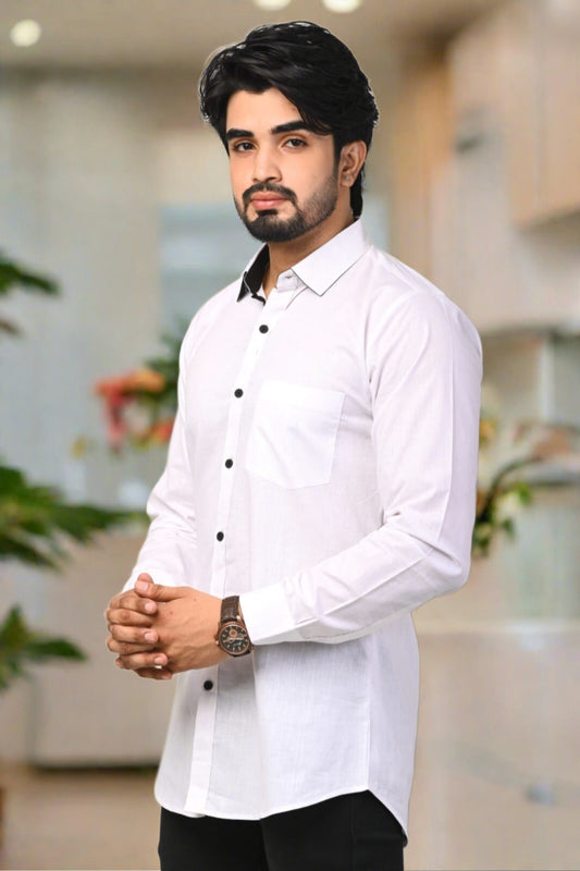 White Solid Casual Full Sleeve Shirt - Nakh Clothing
