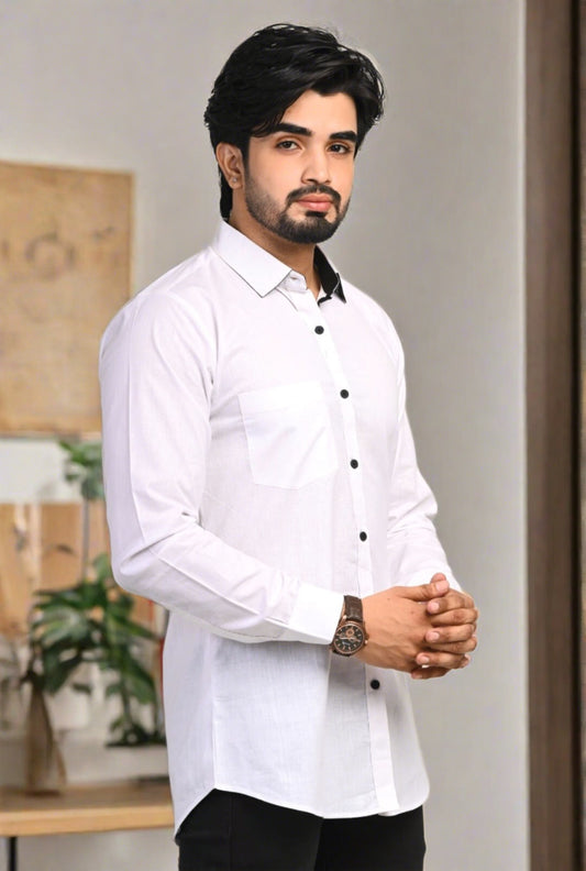 White Solid Casual Full Sleeve Shirt - Nakh Clothing