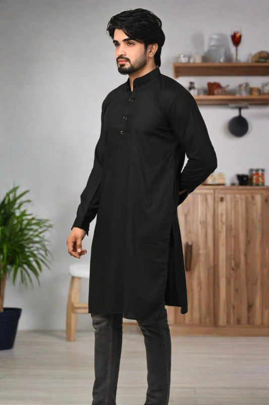 Men Solid Straight Black Kurta - Nakh Clothing