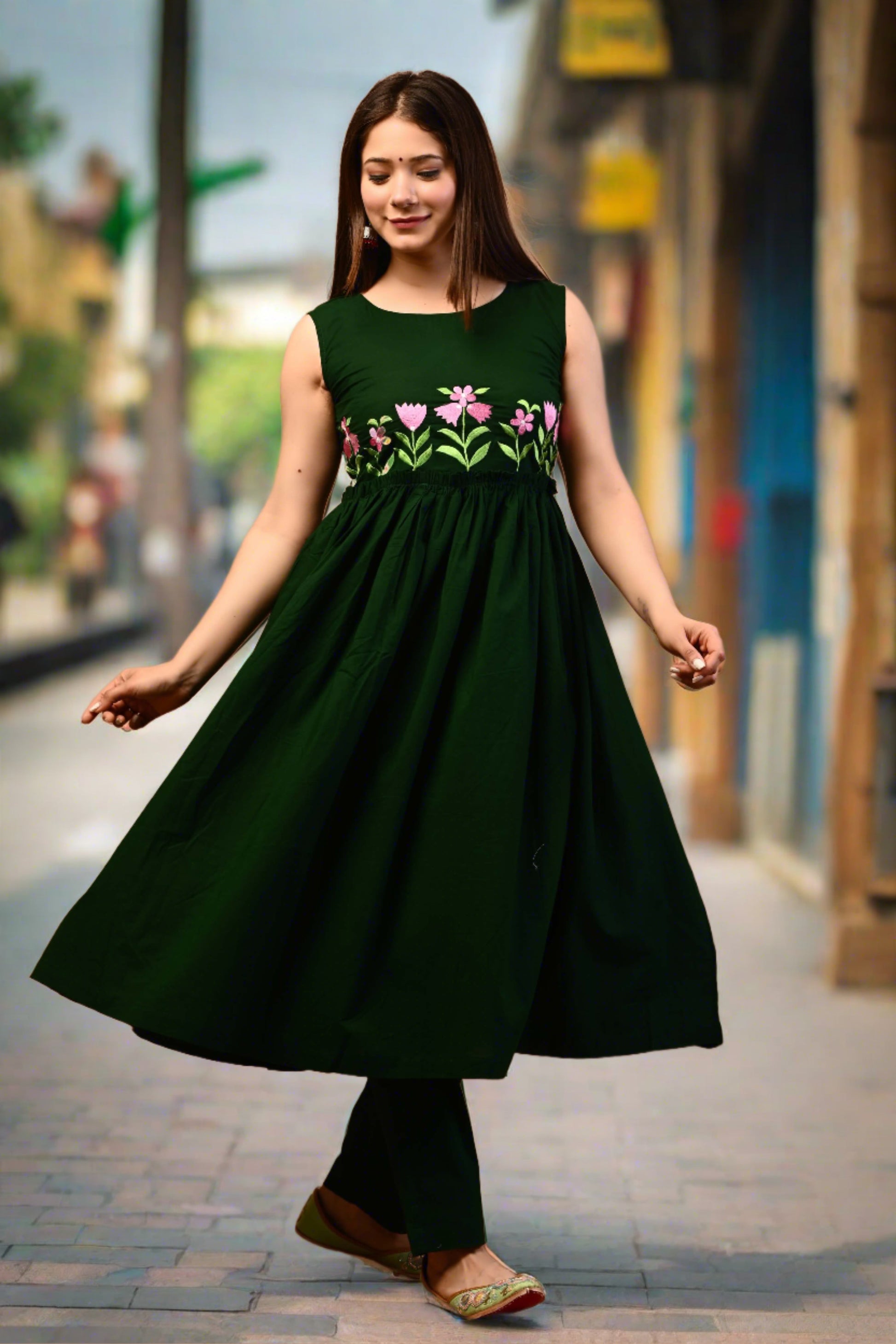 Women Green Anarkali Embroidered Kurta and Pant Set - Nakh Clothing