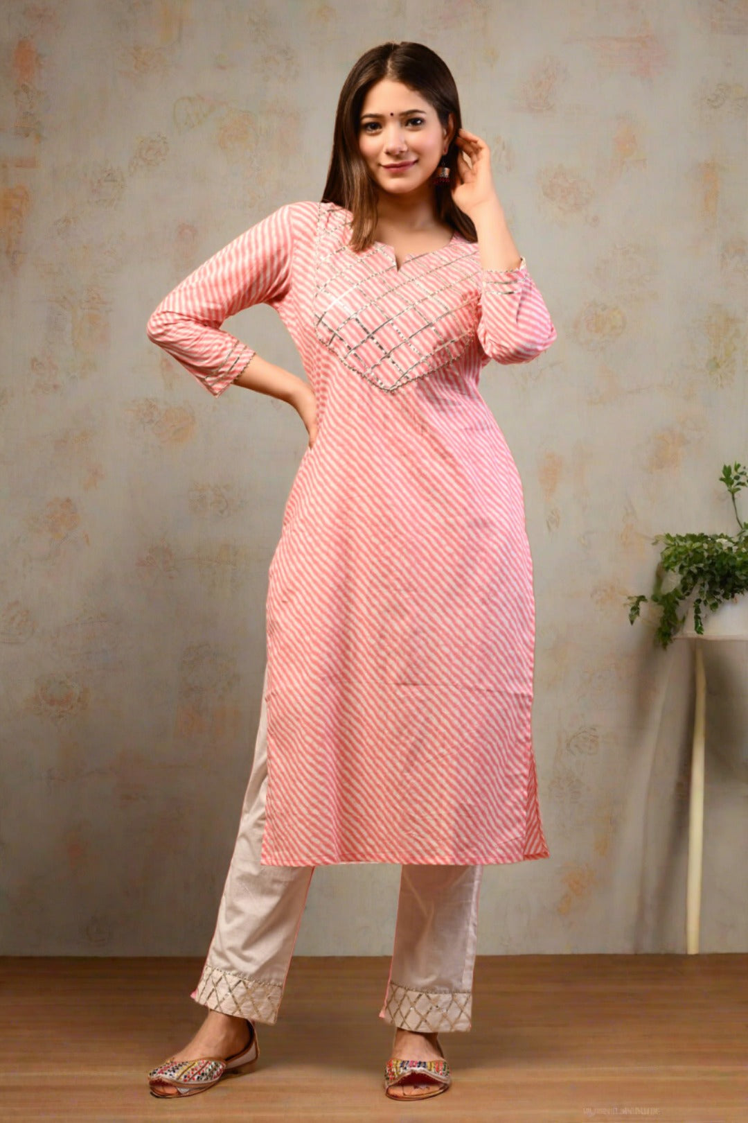 Leheriya Printed Straight Kurta With Pant - Pink - Nakh Clothing
