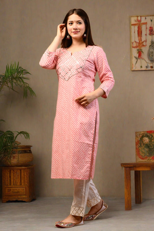 Leheriya Printed Straight Kurta With Pant - Pink - Nakh Clothing