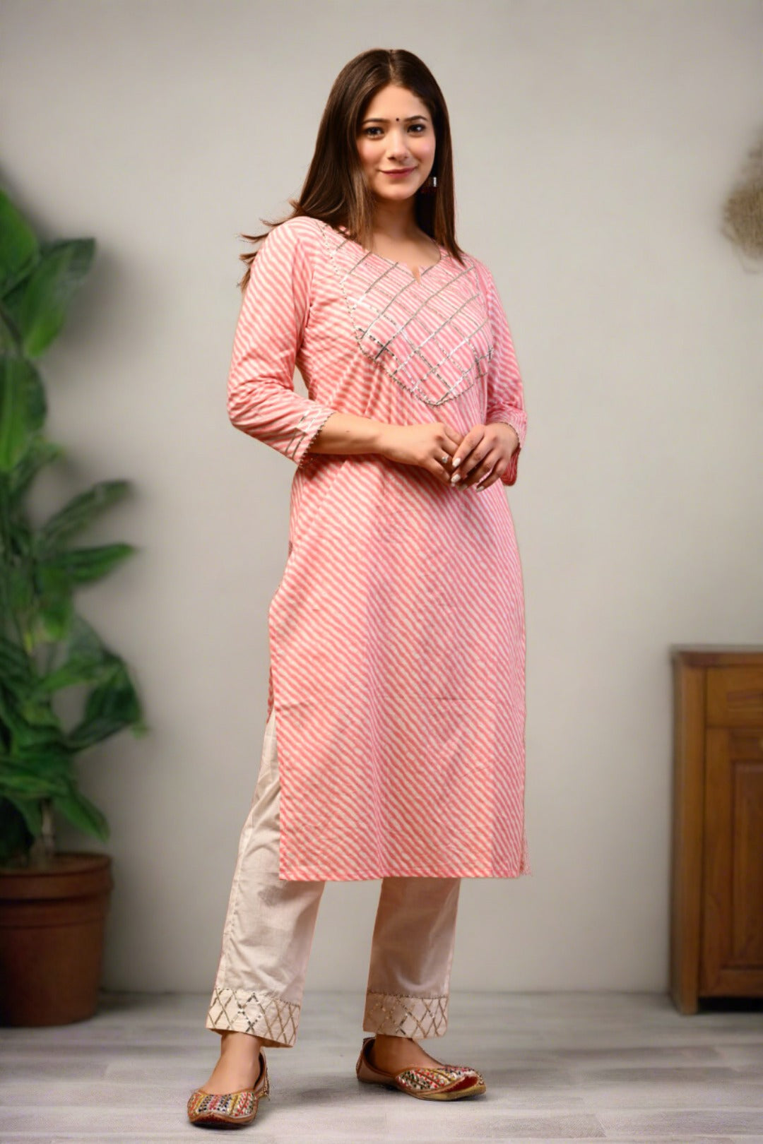 Leheriya Printed Straight Kurta With Pant - Pink - Nakh Clothing