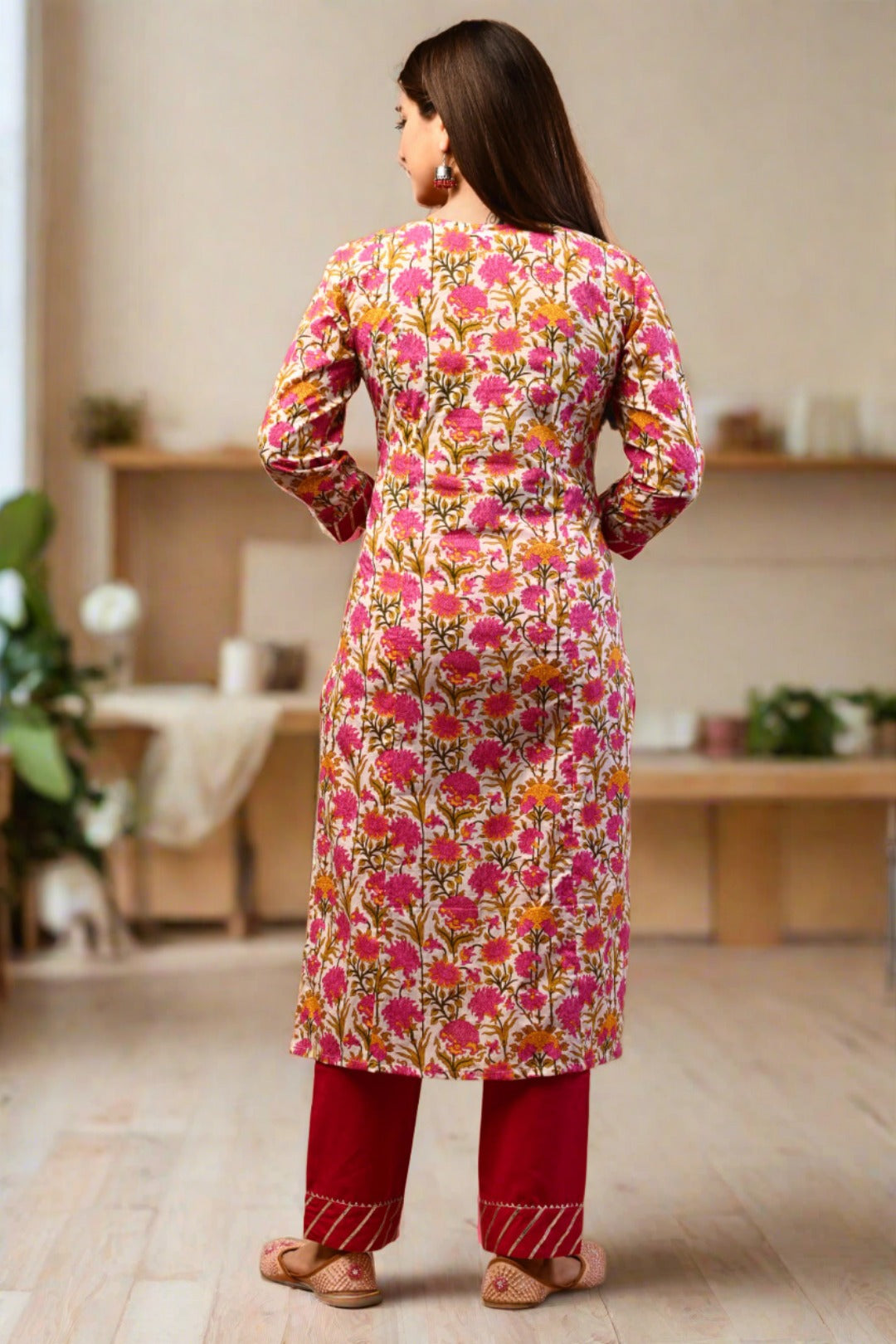 Blooming Pink Floral Handblock Suit Set - Nakh Clothing