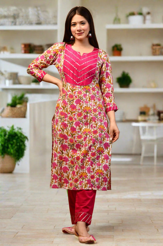 Blooming Pink Floral Handblock Suit Set - Nakh Clothing