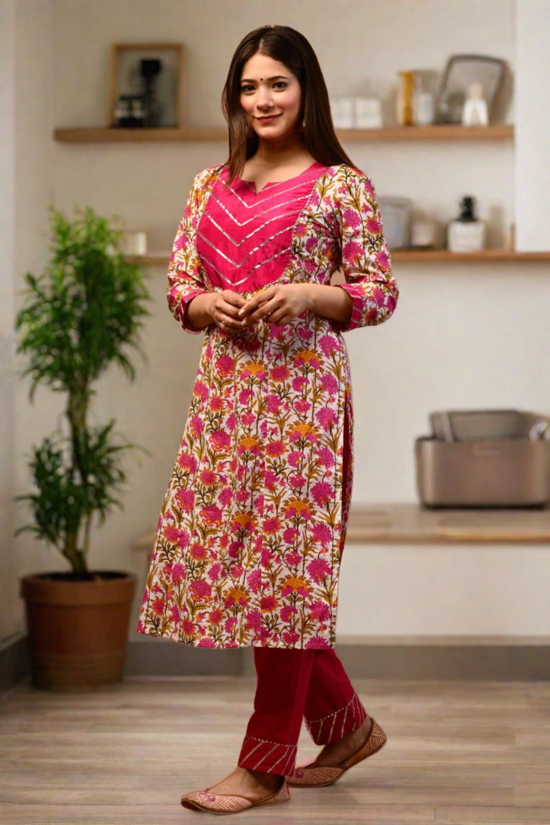 Blooming Pink Floral Handblock Suit Set - Nakh Clothing