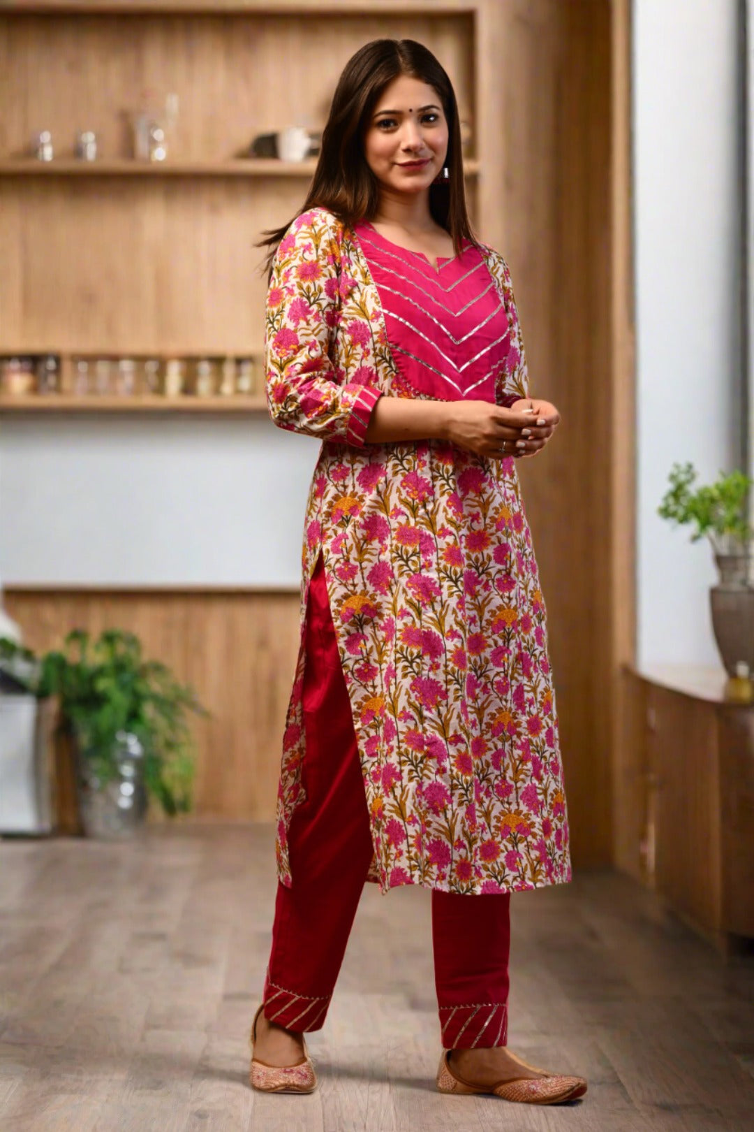 Blooming Pink Floral Handblock Suit Set - Nakh Clothing