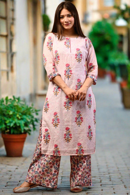Gorgeous White Pink Printed Cotton Suit Set - Nakh Clothing