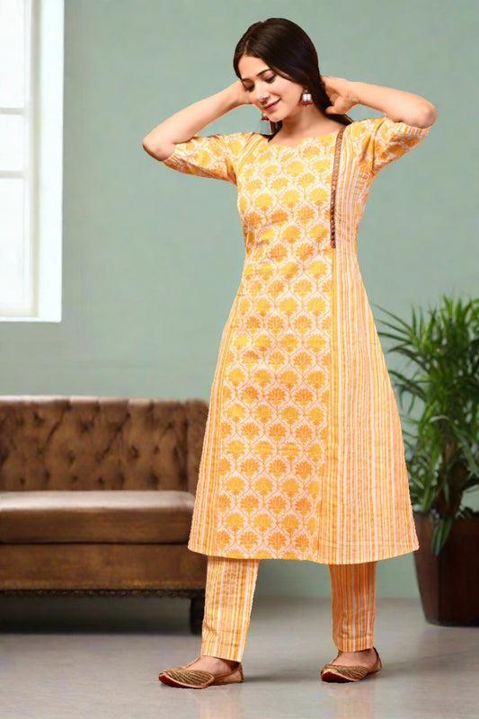 Women Yellow Floral Printed Pure Cotton Kurta Set - Nakh Clothing