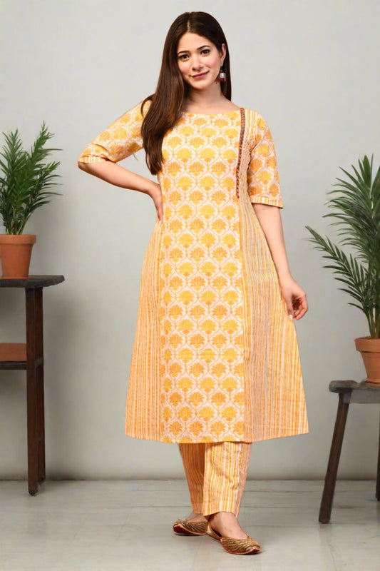 Women Yellow Floral Printed Pure Cotton Kurta Set - Nakh Clothing
