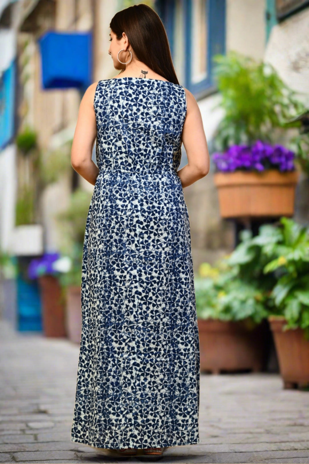 Blue Floral dress with side slit - Nakh Clothing