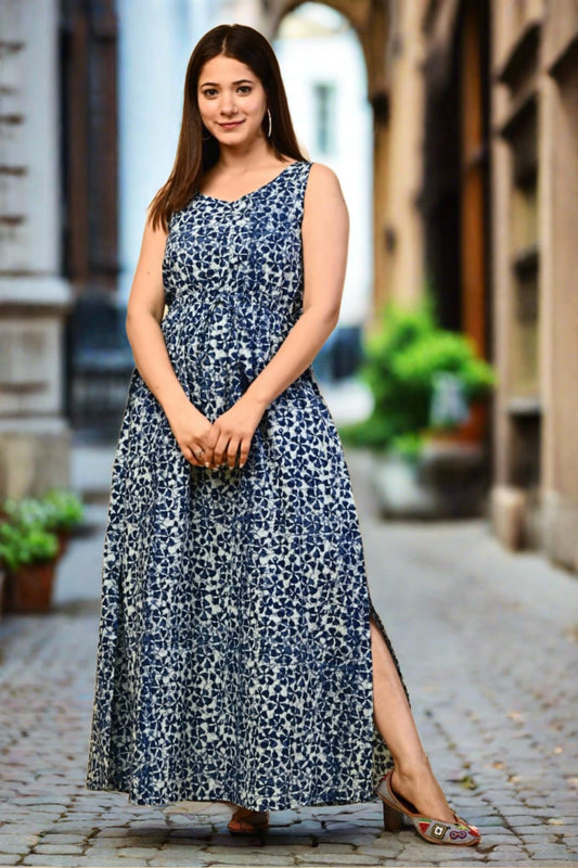 Blue Floral dress with side slit - Nakh Clothing
