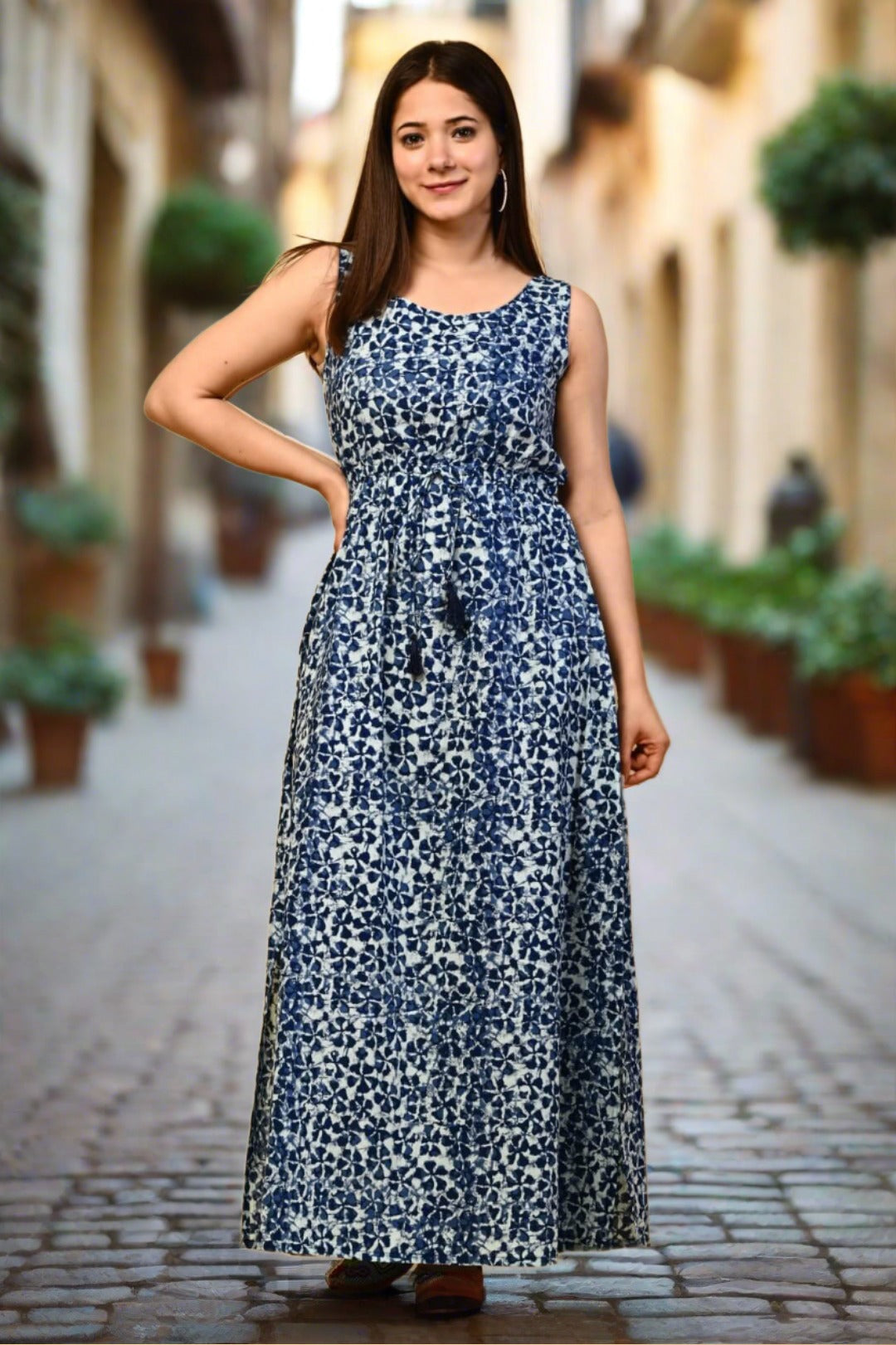 Blue Floral dress with side slit - Nakh Clothing