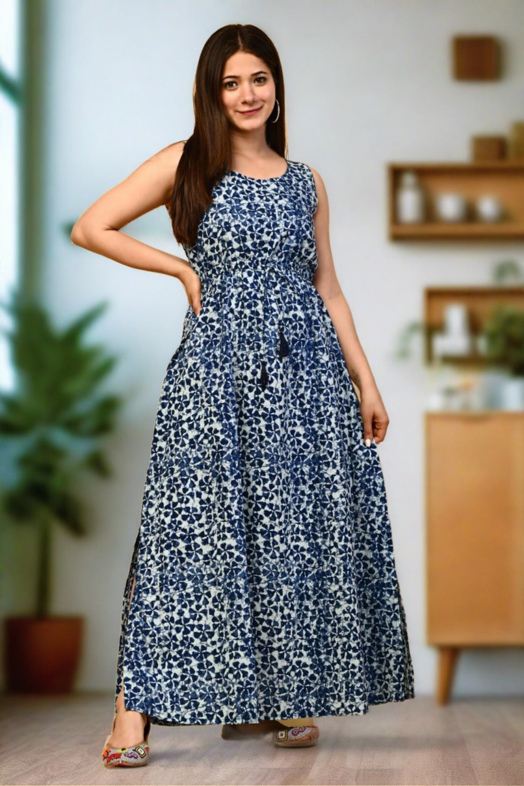 Blue Floral dress with side slit - Nakh Clothing