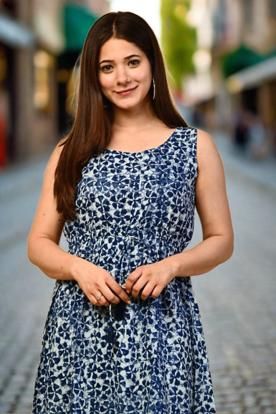 Blue Floral dress with side slit - Nakh Clothing
