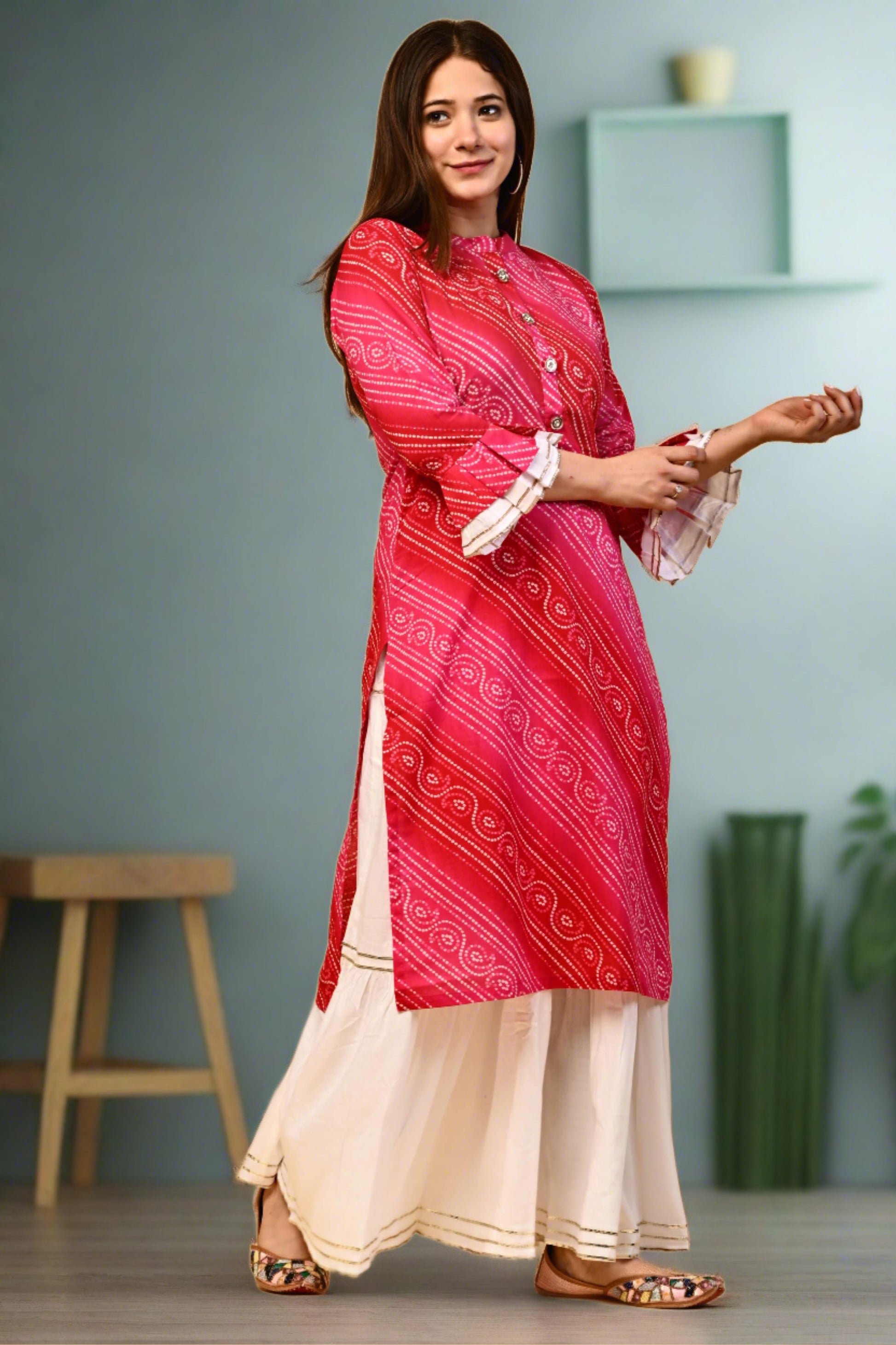 Women Ethnic Bandhej Kurti with Skirt Set - Nakh Clothing