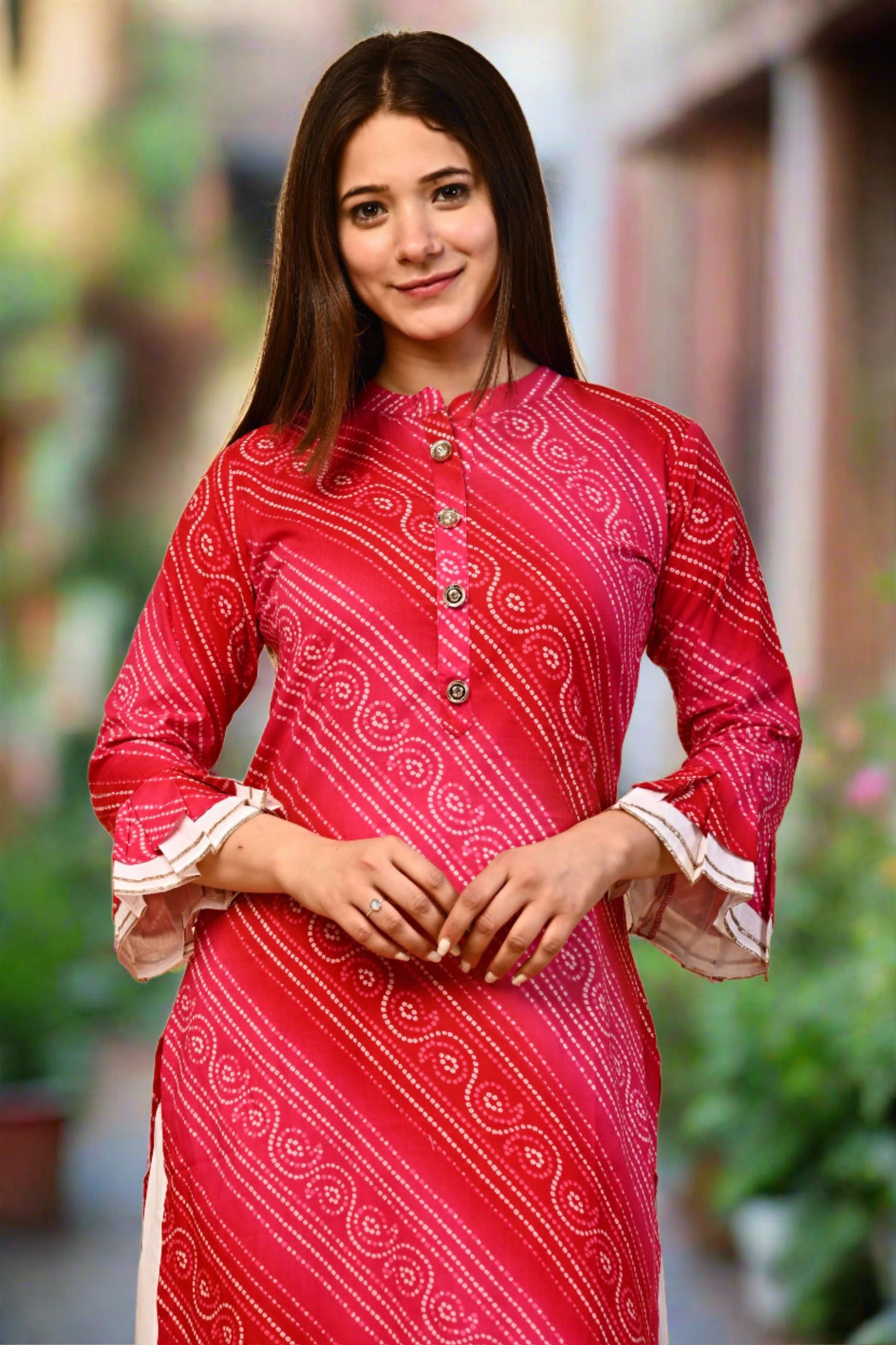Women Ethnic Bandhej Kurti with Skirt Set - Nakh Clothing