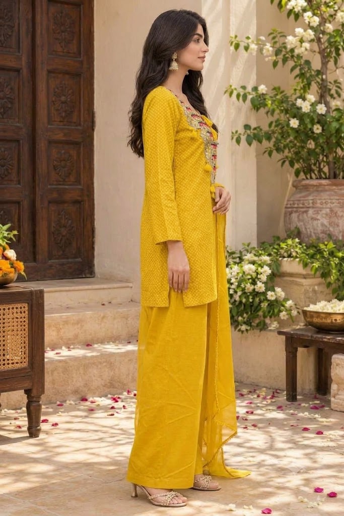 Women's Yellow Bandhani Georgette Kurta Palazzo Set with Embroidered Yoke