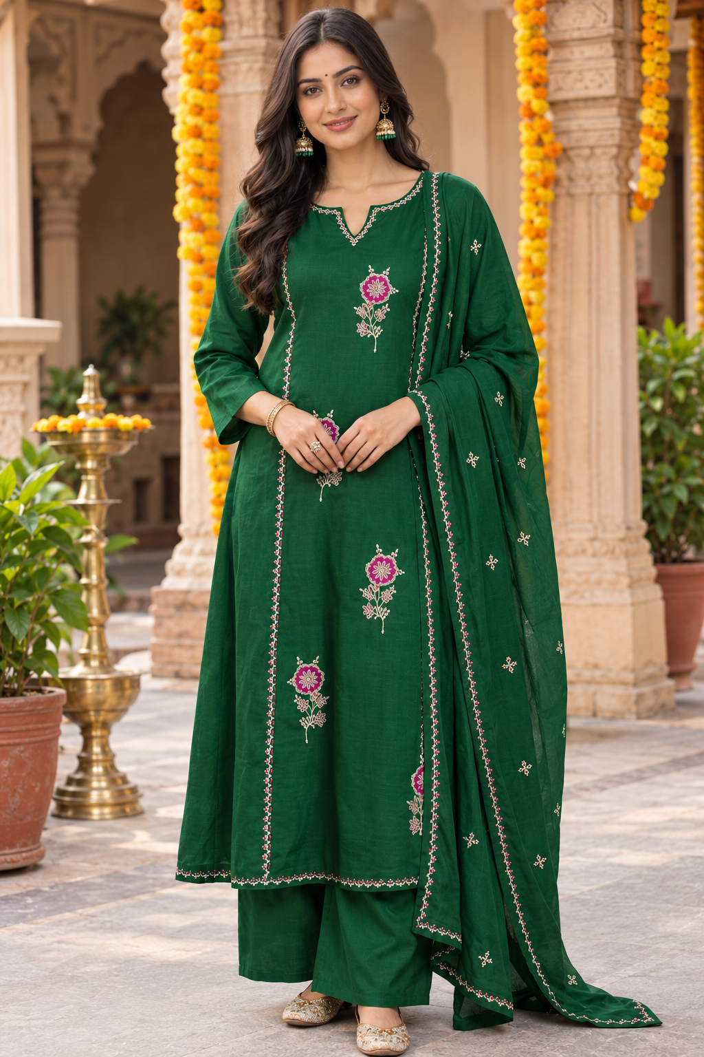 Green Mul Chanderi A-Line 3-Piece Set with Embroidery & Handwork Kurta