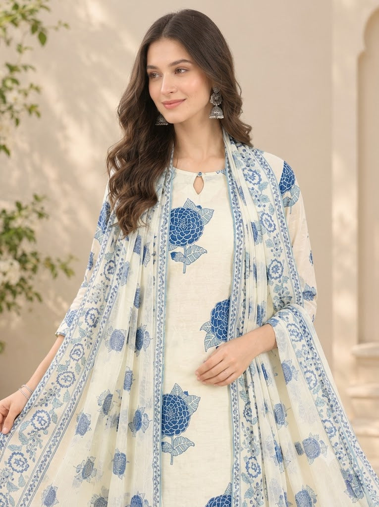 Cream Cotton Floral Block Print Kurta Set with Pants & Dupatta