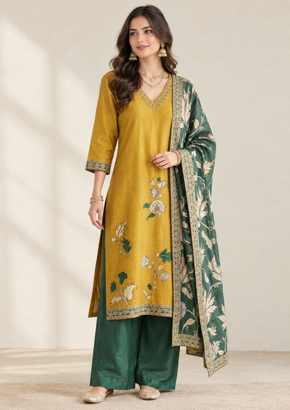 Mustard Pure Muslin 3-Piece Kurta Set with Handwork Yoke & Printed Dupatta