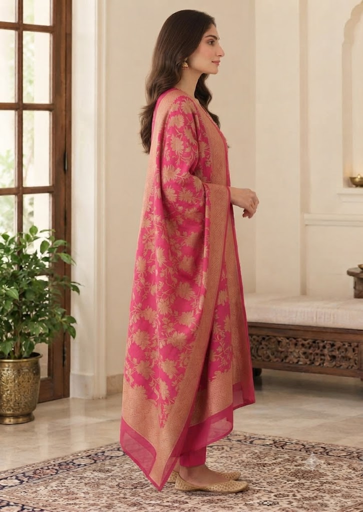 Pink Tissue Jacquard Partywear Kurta Set with Pants & Banarasi Dupatta