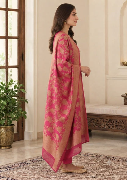Pink Tissue Jacquard Partywear Kurta Set with Pants & Banarasi Dupatta