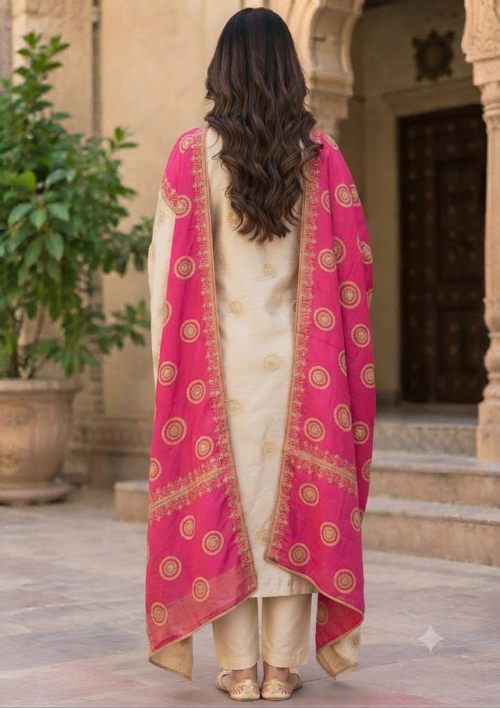 Ivory Tissue Shimmer Partywear Kurta Set with Pants & Heavy Dupatta