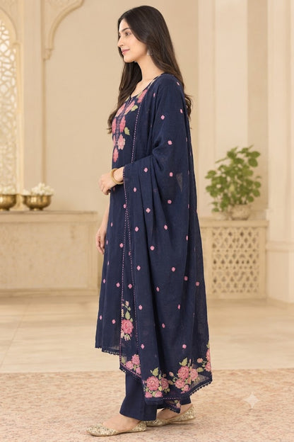 Navy Blue Rose Embroidered Cotton Suit Set | Festive & Everyday Wear for Women