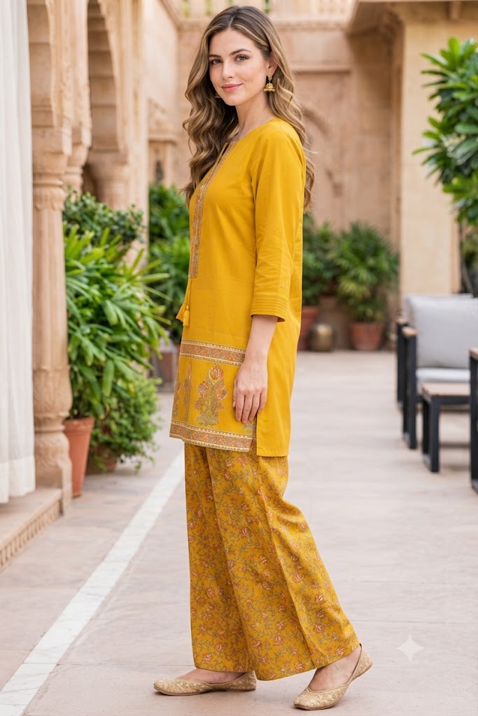 Mustard Cotton Stylish Co-ord Set with Sequins Work Kurta & Printed Palazzo - Nakh Clothing