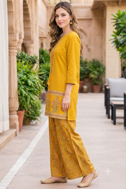 Mustard Cotton Stylish Co-ord Set with Sequins Work Kurta & Printed Palazzo - Nakh Clothing