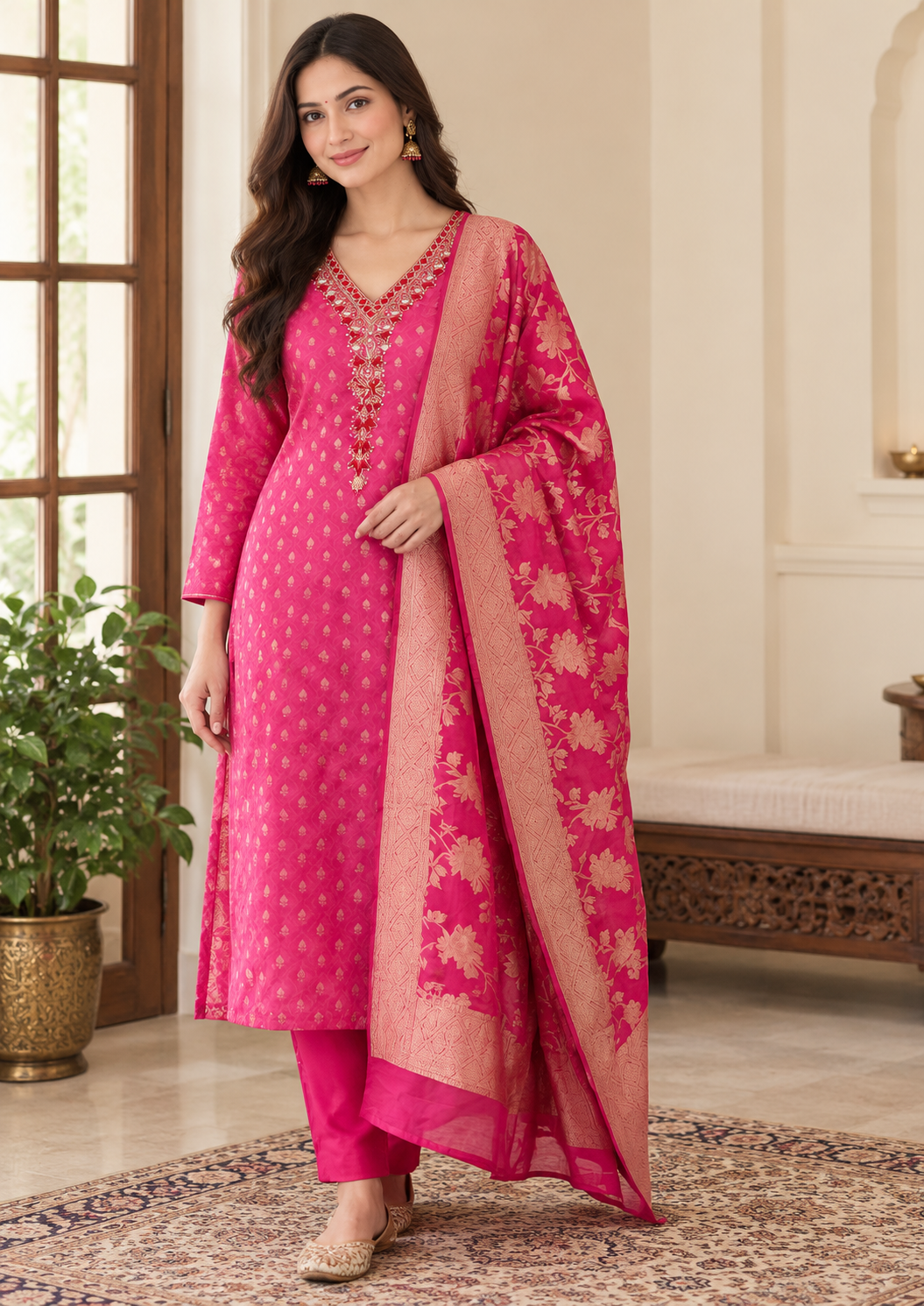 Pink Tissue Jacquard Partywear Kurta Set with Pants & Banarasi Dupatta