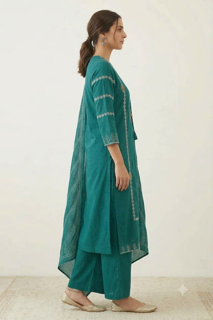 Women's Green Cotton Kurta Palazzo Set with Embroidery & Dupatta | Festive & Everyday Wear for Women