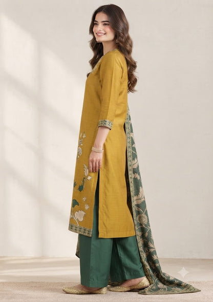 Mustard Pure Muslin 3-Piece Kurta Set with Handwork Yoke & Printed Dupatta