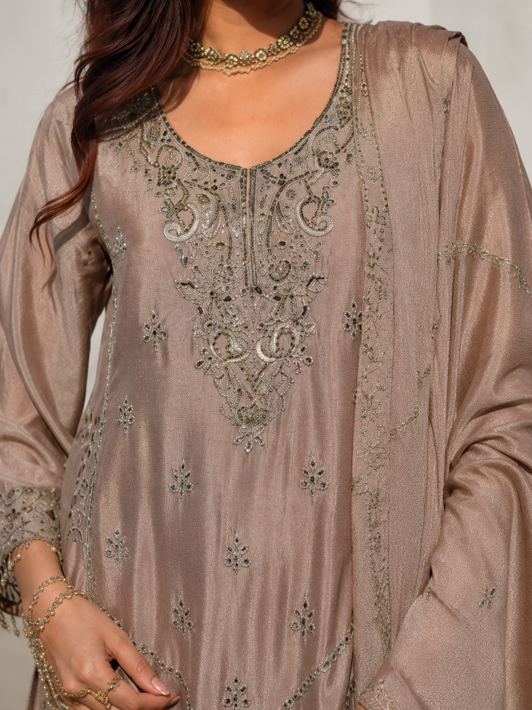 Luxury Taupe Pure Chinon  Partywear Suit Set with Mirror Work - Nakh Clothing
