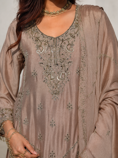 Luxury Taupe Pure Chinon  Partywear Suit Set with Mirror Work - Nakh Clothing